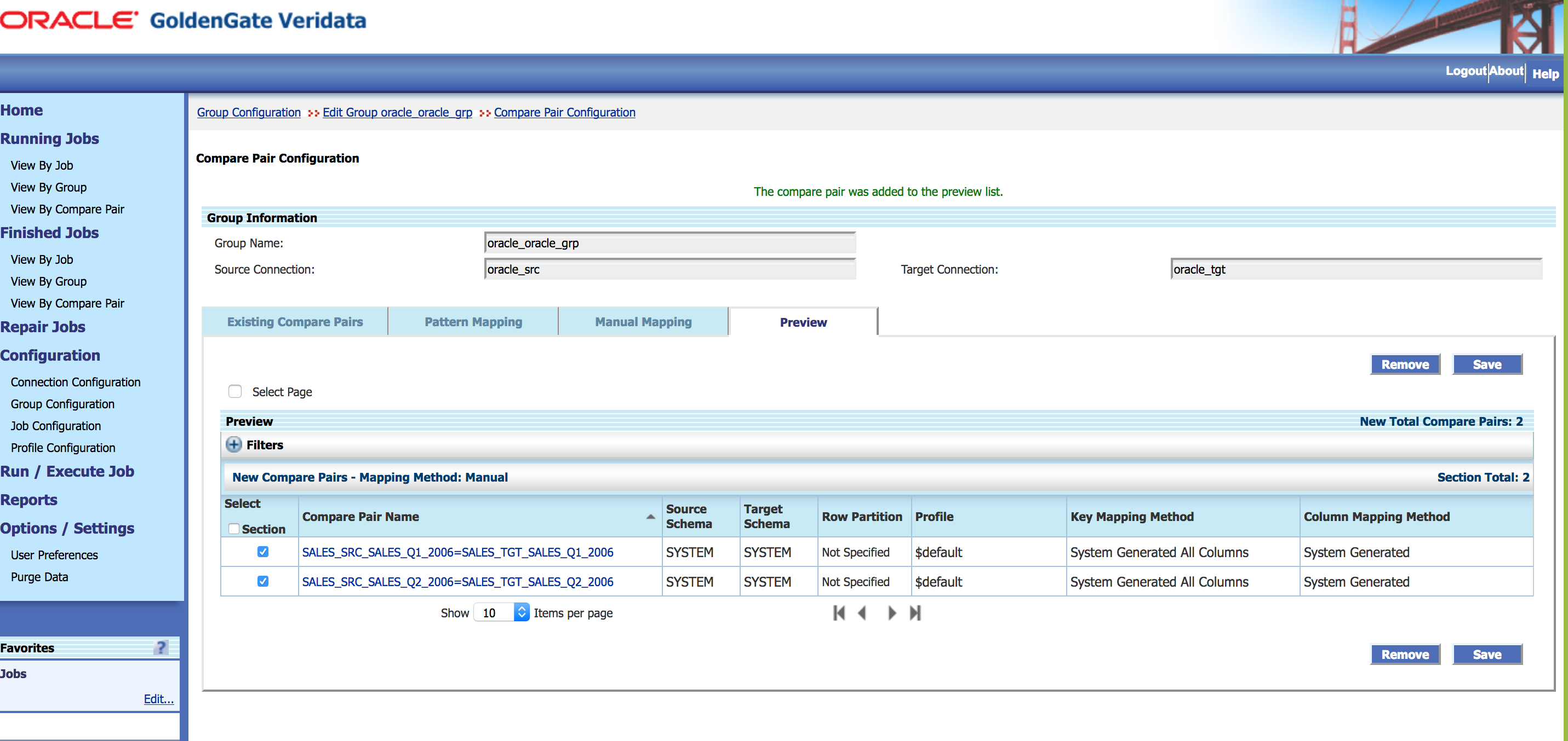 表SALES_SRCおよびSALES_TGTには、各比較ペアにマップされる、データベースSALES_Q1_2006およびSALES_Q2_2006で定義された2つのパーティションがあります。