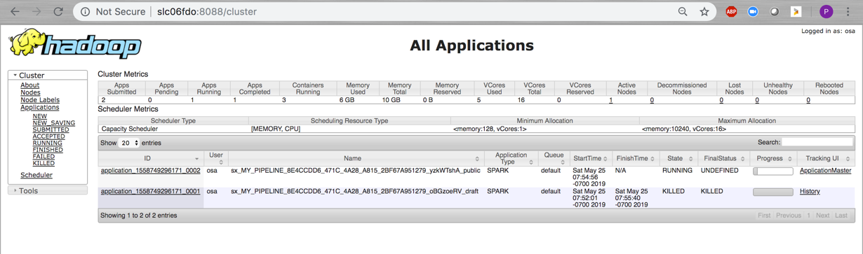 Yarnで実行中のアプリケーション