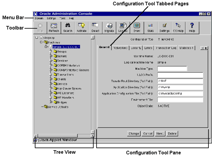 Oracle Tuxedo Administration Console のメイン メニュー
