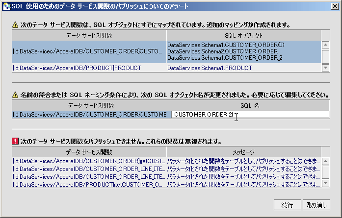 SQL 使用のためのデータ サービスのパブリッシュに関するアラート ダイアログ