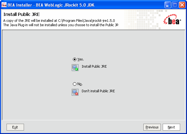[Install Public JRE] ウィンドウ (Windows 2000 および Windows Server 2003 の場合のみ表示)