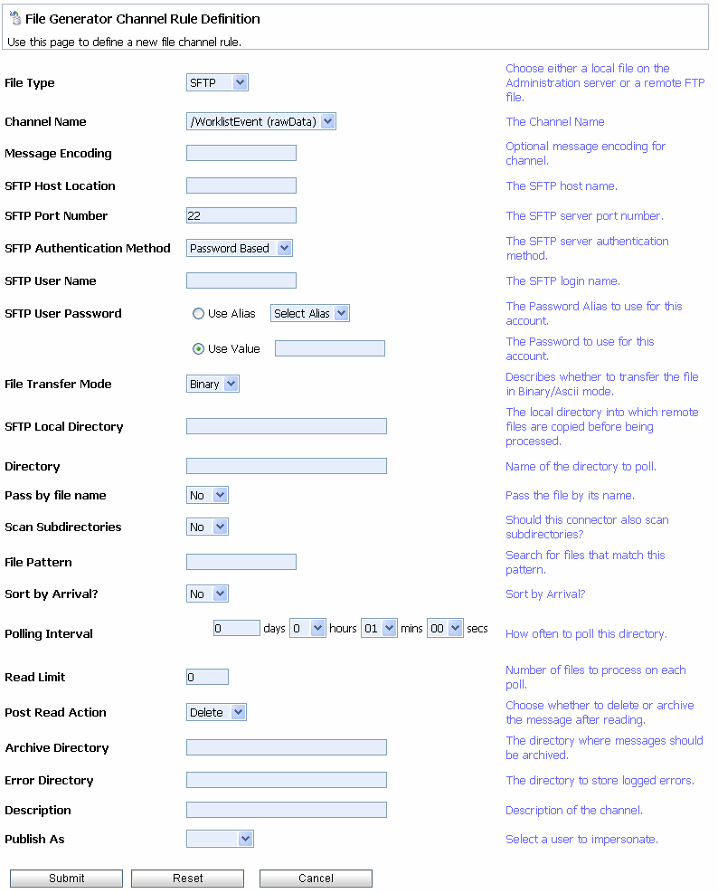 チャネル ルール定義 - ファイル イベント ジェネレータ - SFTP ファイル タイプ