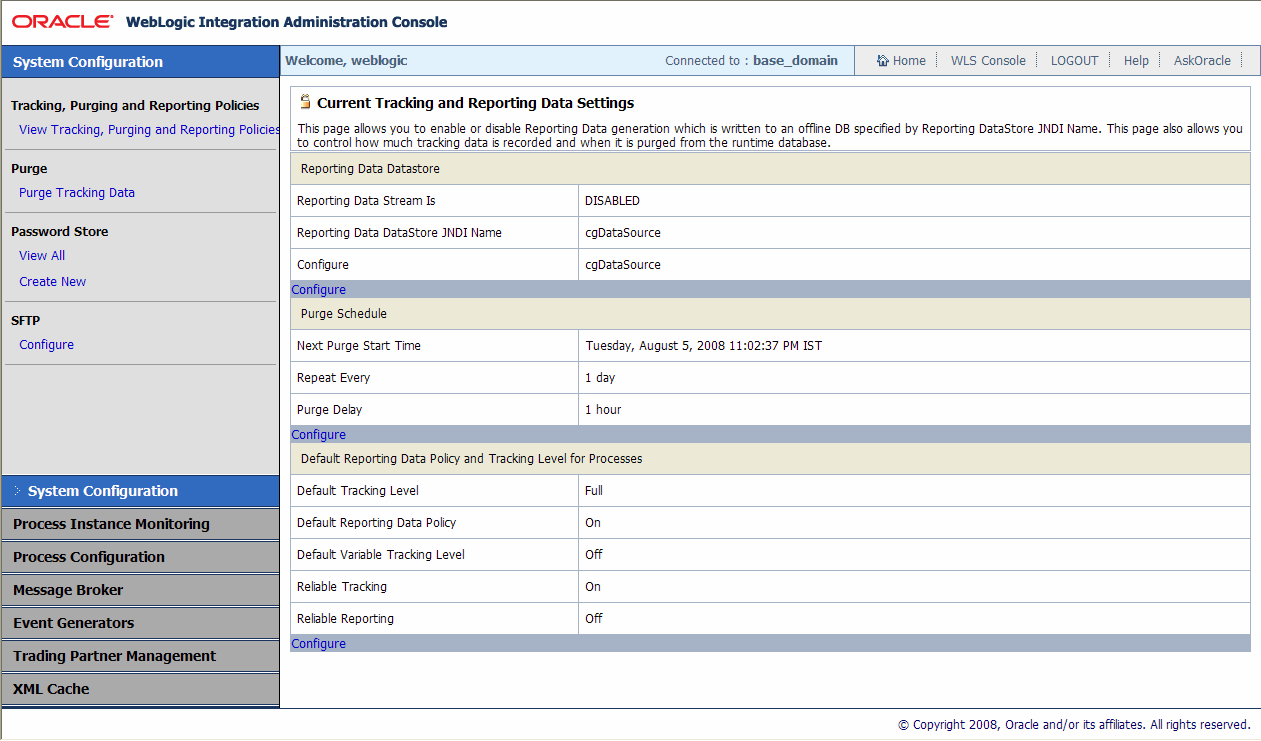 Oracle WebLogic Integration Administration Console - ホーム ページ