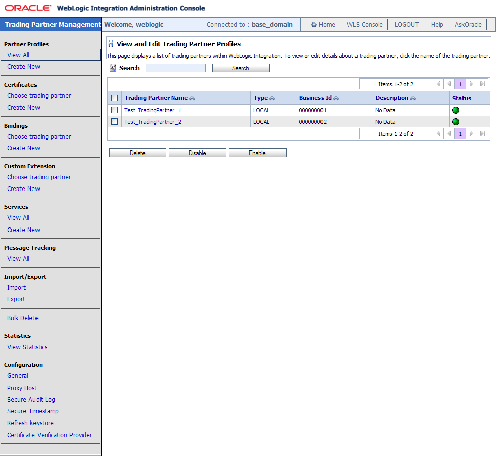 Oracle WebLogic Integration Administration Console の [トレーディング パートナ管理] ページ
