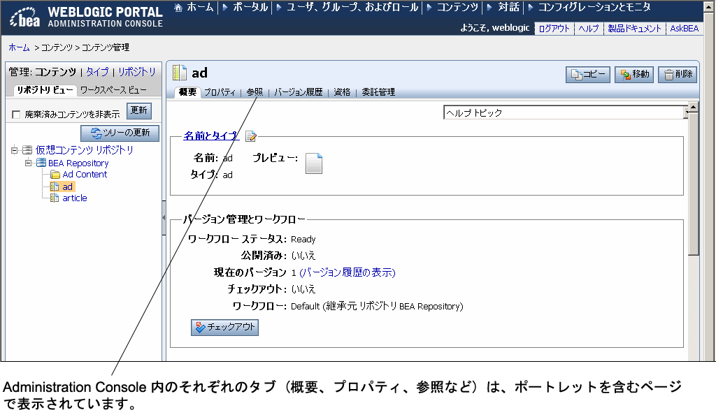 Administration Console のタブ