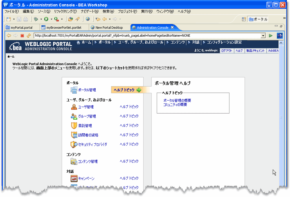 Administration Console のメイン ページ (最大化した状態)