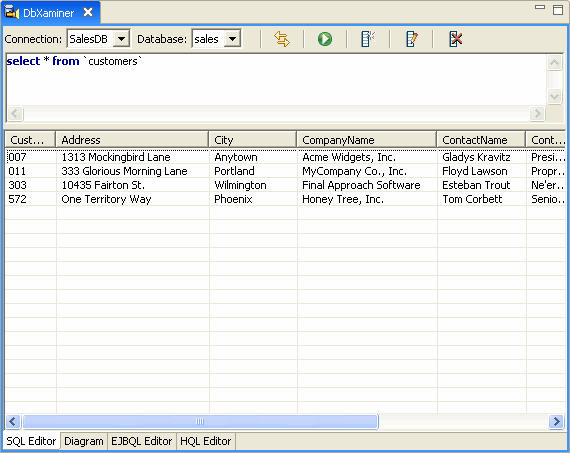 [SQL エディタ] ウィンドウにデータベース データを表示する