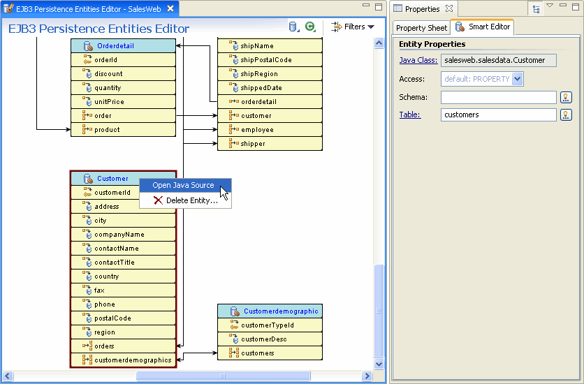 [Java ソースを開く] をクリックしてエンティティのソースを表示する