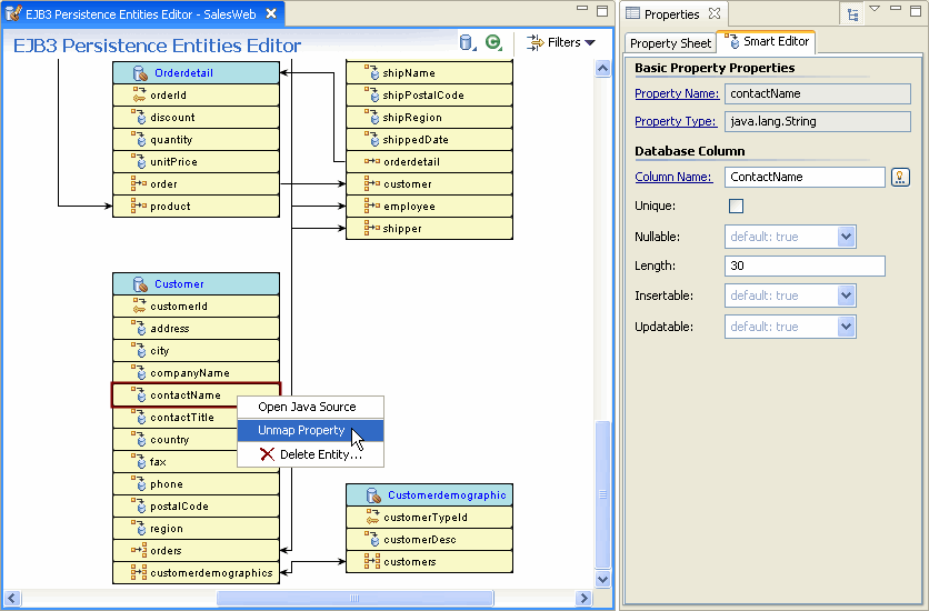 [Unmap Property] をクリックすると、選択したプロパティのマッピングが削除される