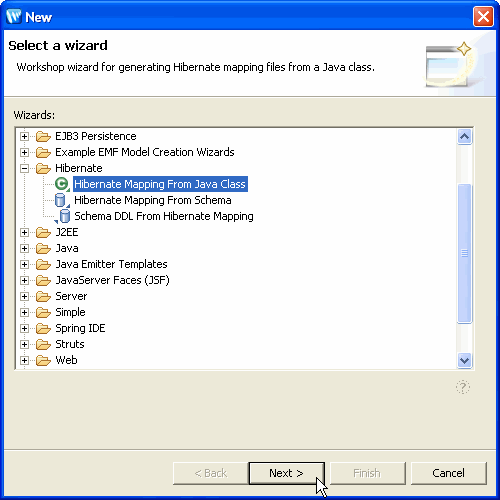 Java クラスから Hibernate マッピングを生成するにはオプションを選択する