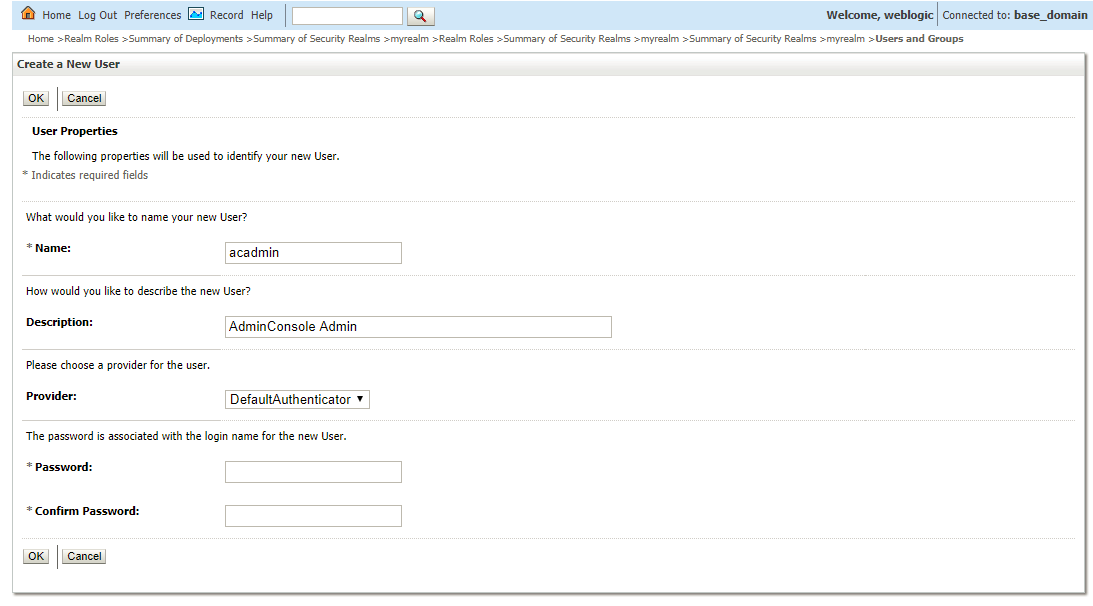 Create a new User called acadmin  (AdminConsole Admin ) User