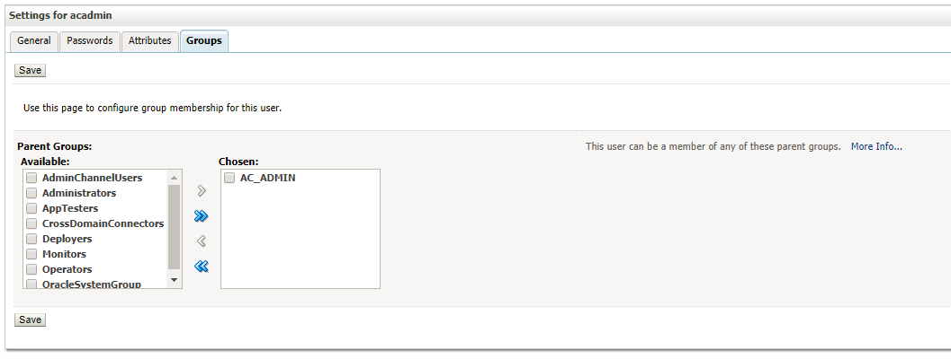 Add the group AC_ADMIN from available groups to chosen groups and SAVE