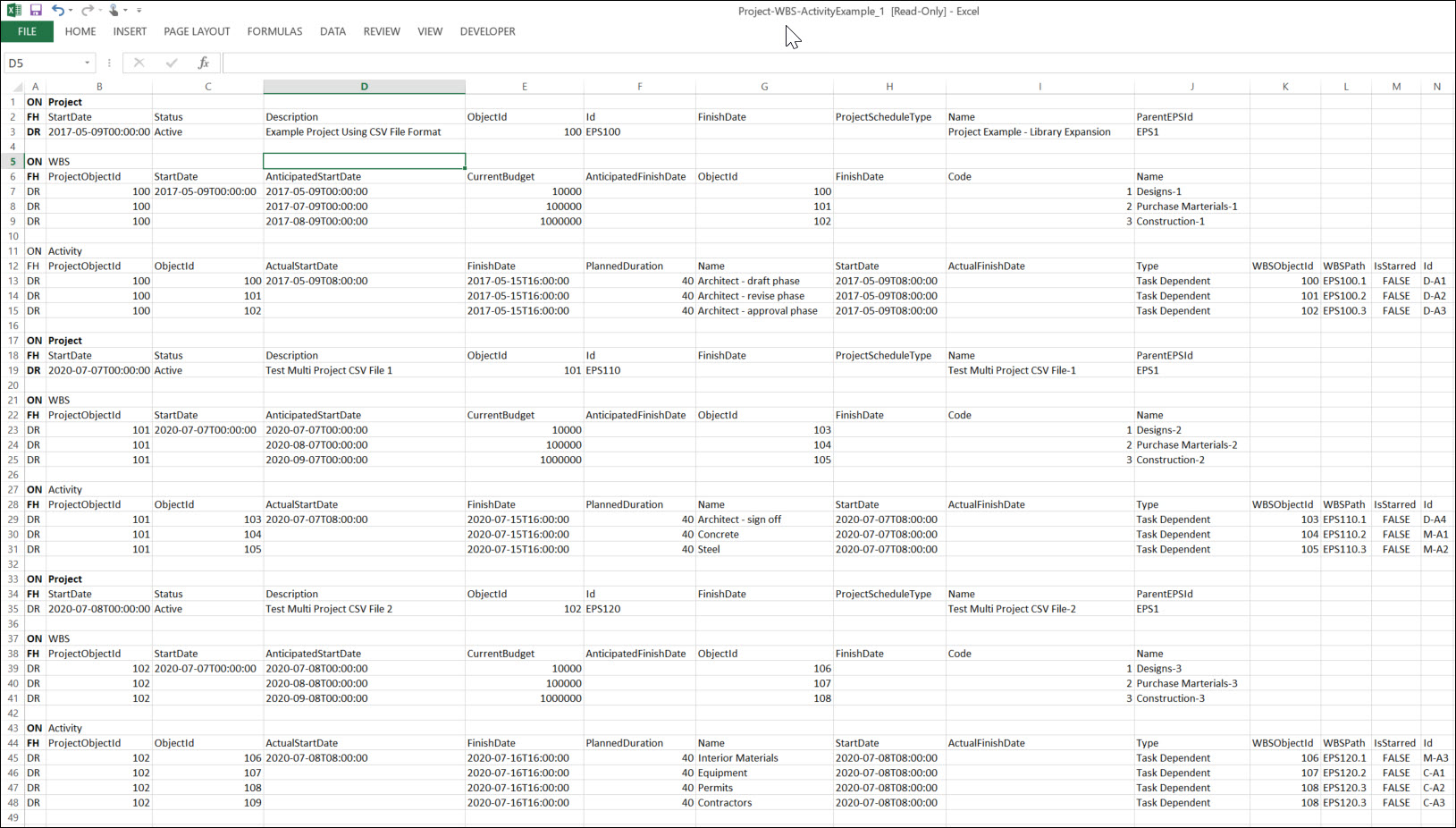 An Excel File with Multiple Projects Organized by Projects: Example