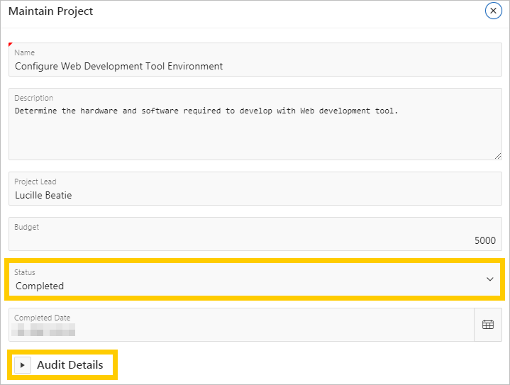 「Maintain Project」フォーム 「Maintain Project」フォーム