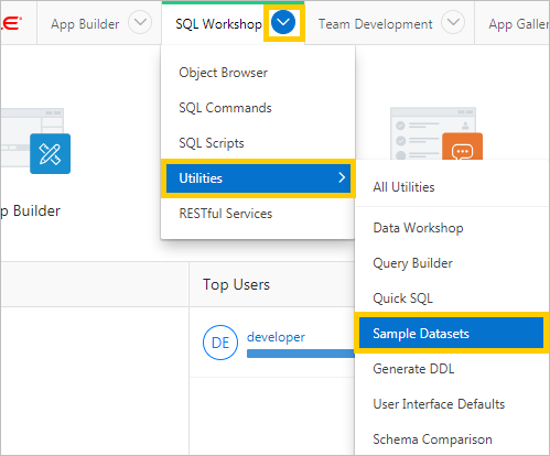 「SQLワークショップ」ドロップダウン・メニューのサンプル・データセット 「SQLワークショップ」ドロップダウン・メニューのサンプル・データセット