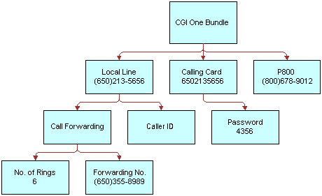 In this image, CGI One Bundle has one Local Line with Call Forwarding and Caller ID. Call Forwarding has No. of Rings 6 and Forwarding No. CGI One Bundle has a Calling Card with a Password. CGI One Bundle also has P800.