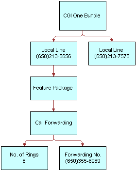 In this image, CGI One Bundle has two Local Lines. The first Local Line has Feature Package. Feature Package has Call Forwarding. Call Forwarding has No. of Rings 6 and Forwarding No. The other Local Line has no extra components.