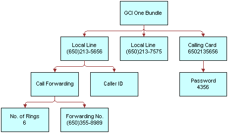 In this image, GCI One Bundle has one Local Line with Call Forwarding and Caller ID. Call Forwarding has No. of Rings 6 and Forwarding No. GCI One Bundle also has a second local line. GCI One Bundle also has a Calling Card with a Password.