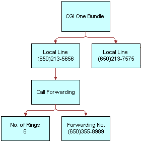 In this image, CGI One Bundle has two Local Lines. Local Line has Call Forwarding. Call Forwarding has No. of Rings 6, Forwarding No.