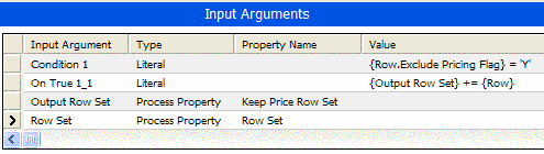 Example of Arguments for Conditional Action Method. This image shows the Input Arguments list applet with the following fields: Input Argument, Type, Property Name, and Value.