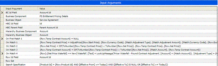 Example of Arguments for Hierarchical Look-Up Method. This is an image of an Input Arguments list applet. The list applet has the following fields: Input Argument, Value.