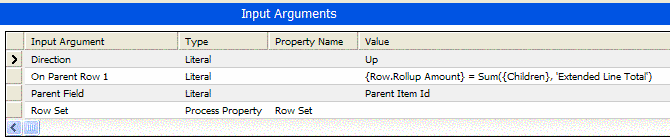 Example of Arguments for Hierarchical Method. This is an image of the Input Arguments list applet. The list applet has the following fields: Input Argument, Type, Property Name, and Value. The selected record in the applet has the following values: Input Argument: Direction, Type: Literal, Property Name, Value: Up.
