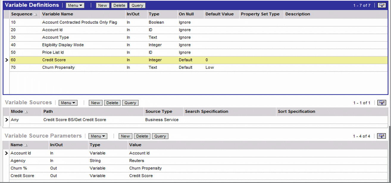 Business Service Source Type. In this image, there are three list applets: Variable Definitions, Variable Sources, and Variable Source Parameters. The Variable Sources applet has the Source Type field.
