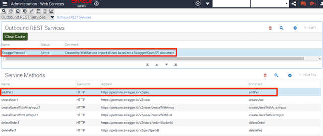 This figure shows a REST Outbound Service called SwaggerPetstore1, and a list of its service methods.