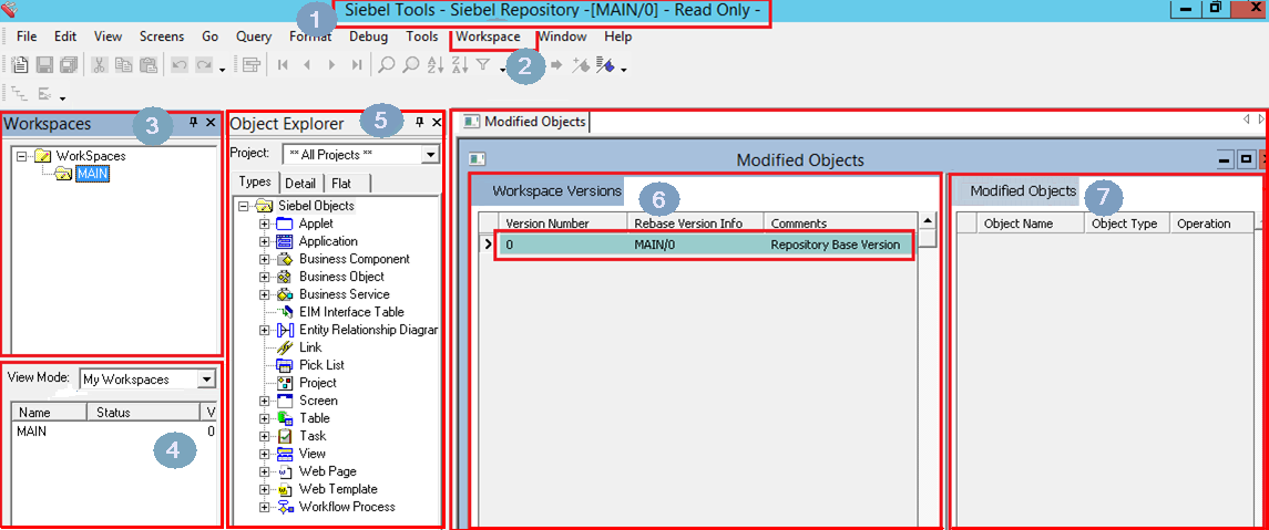 Example of Siebel Tools in Workspace mode displaying the workspace dashboard