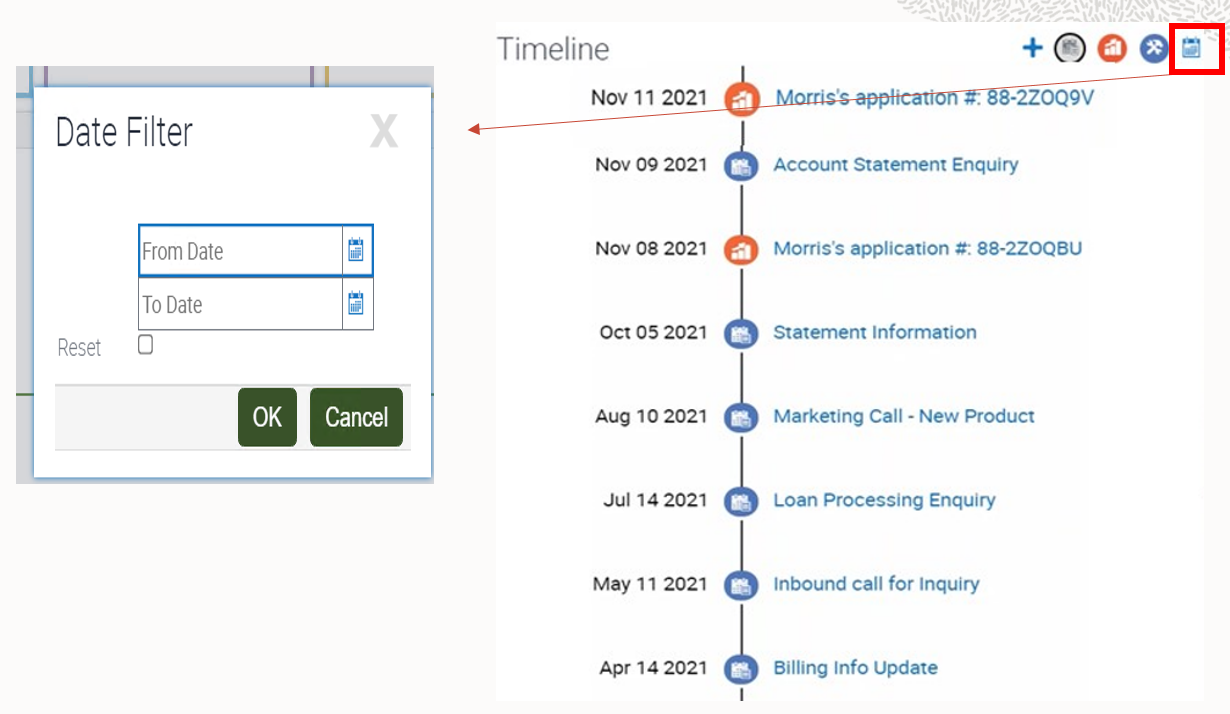 Timeline component and date filtering: This image is described in the surrounding text.