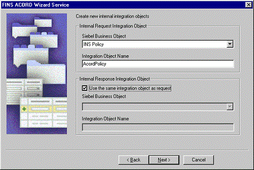 This is an image of the FINS ACORD Wizard Service. The following check box is selected: Use the same integration object as request.