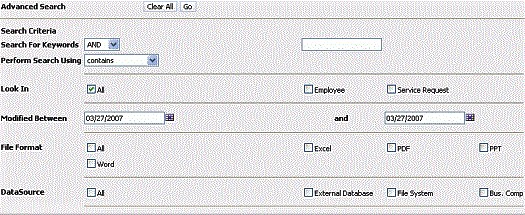 Example of the Advanced Search Template. In this image, at the beginning, the label Advanced Search appears followed by the buttons: Clear All, and Go. After the buttons, the search applet contains sections with label and drop-down lists and buttons for conducting advanced searches.