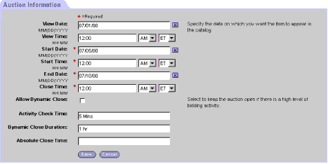 Example of the DotComAppletForm1Col Template. In this image of a form, there is a tab at the beginning of the image which is labeled: Auction Information. Field labels appear on the near side of the form with fields for entering data appearing after the field labels. Two buttons appear at the end of the form.