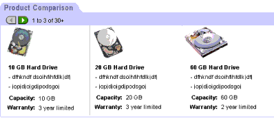 Example of the DotComAppletListHorizontal Template. In this image, there is a tab at the beginning of the image with the label: Product Comparison. After Product Comparison, there are three columns with product records. Each product record has an image, a product title, and a description.