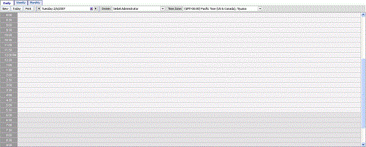 Example of the eCalendarDailyApplet Template. This image has tabs in the beginning of the image. After the tabs, there is a bar with buttons followed by two columns. The first column lists times in hourly increments. Each time is paired with a field in the second column