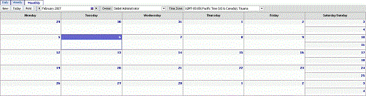 Example of the eCalendarMonthlyApplet Template. In this image of a calendar applet, there are tabs at the beginning of the applet. After the tabs, there is a bar with buttons. After the bar, there is a row with column headers: Monday, Tuesday, Wednesday, Thursday, Friday, and Saturday/Sunday.