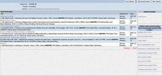 Example of the Search Results Applets Template. In this image, there are buttons at the beginning of the image. After the buttons, the image is divided into sections with a Search Results Header followed by a Search Results Body listing results, a Search Refine Results Category applet and a Refine Results applet.