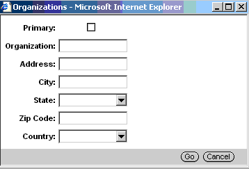 Example of the PopupQuery Applet Template. In this image, there is a bar at the beginning of the popup labeled Organizations. After the bar, the form applet has one column with label and field pairs, some of which have drop-down lists. At the end of the applet, there is a bar with buttons.