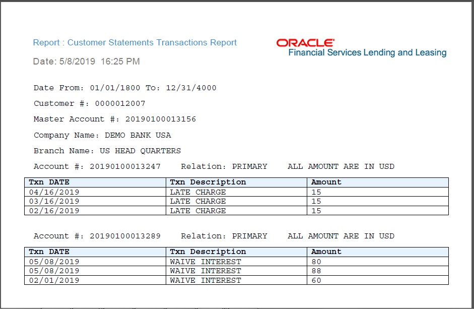 oracle financial services lending and leasing trial balance use