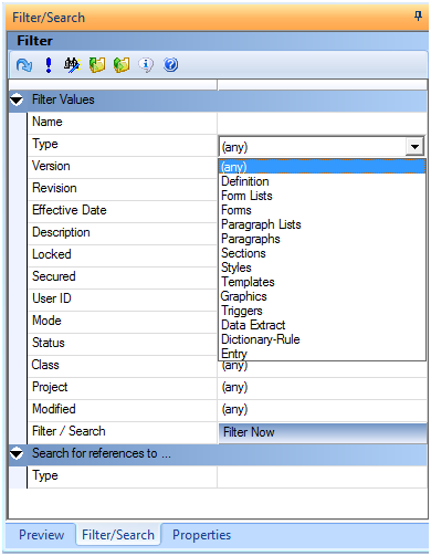 This image shows the Filter/Search tab and its options.