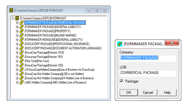 This image shows the Form.dat Company and Line of Business as viewed in legacy Form Set Definition Editor.
