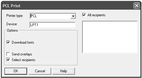 Image represetns Documaker workstation PCL print dialog.