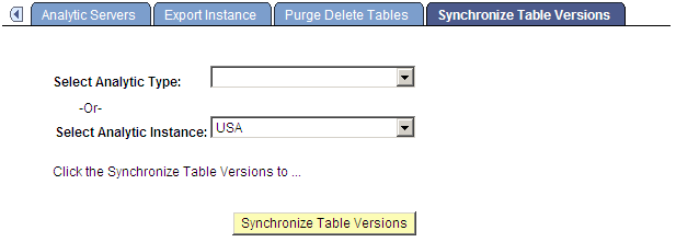 Analytic Server Administration - Synchronize Table Versions page