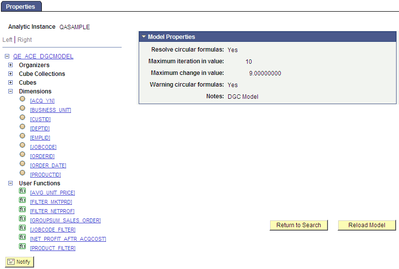 Analytic Model Viewer - Properties page