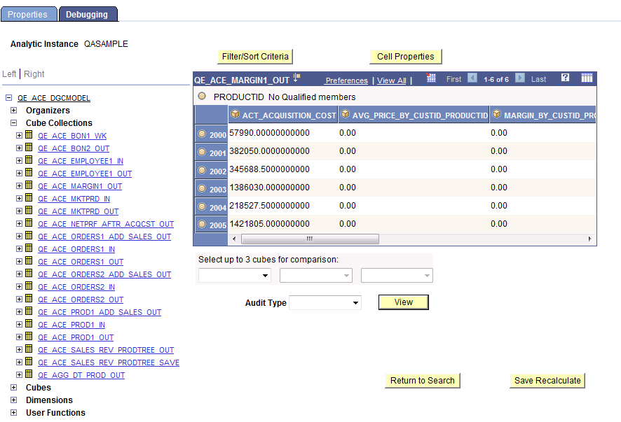 Analytic Model Viewer - Debugging page, Cube Collections