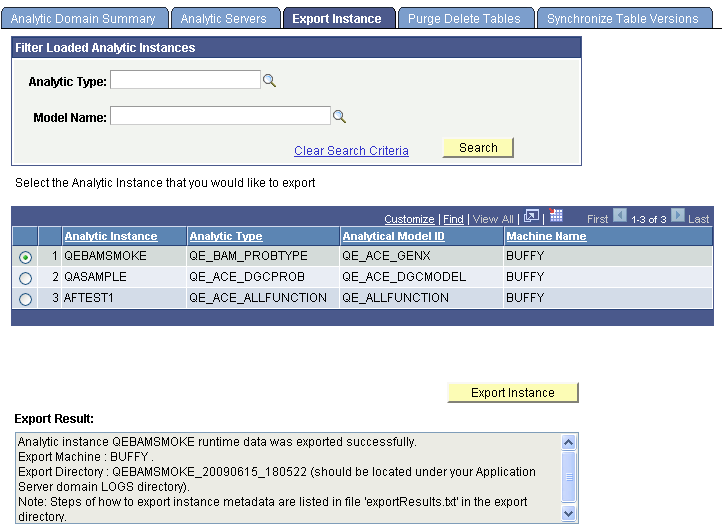 Export Instance page