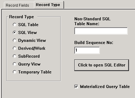 Materialized Query Table dialog box in Application Designer