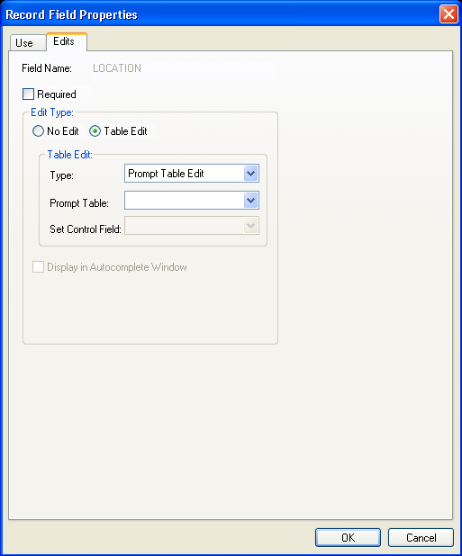 Example of the Record Field Properties dialog box: Edits tab