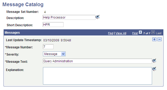 Message Catalog page showing Query Administration label in the Message Text field