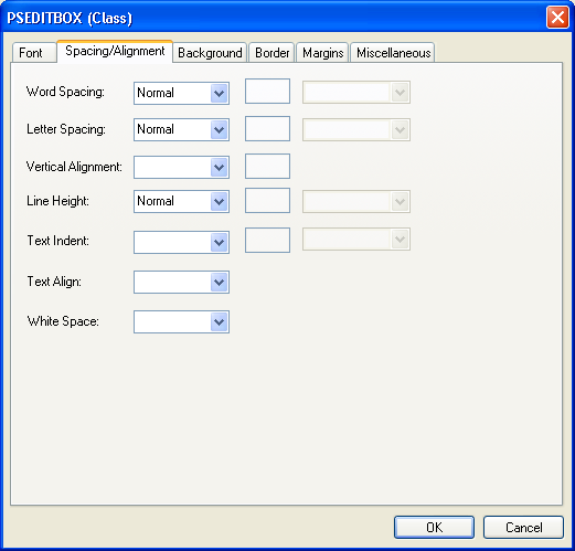 PSEDITBOX (Class) dialog box: Spacing/Alignment tab
